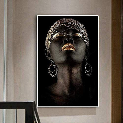 Afrikanische Frauen Bilder Auf Leinwand, Abstrakte Leinwand Malerei, Schwarz Gold Afrika Frau Modell Kunst Poster, leinwandbilder Für Wohnzimmer Wandkunst Dekor No Framed. (60Lx80Bcm)