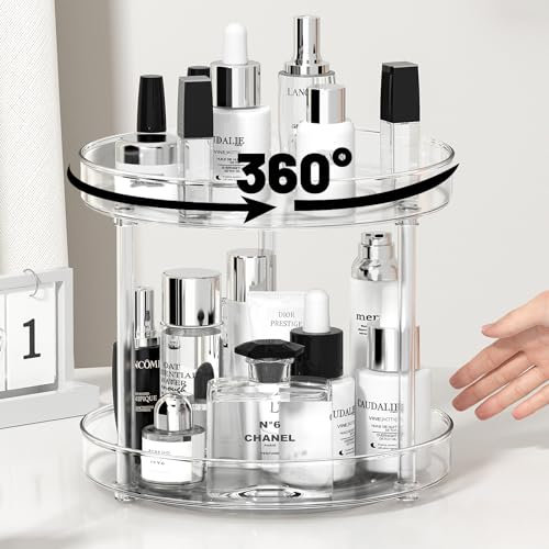 LUZOON Drehteller Organizer 2 Etagen-Diameter 27CM, Make Up Organizer Lazy Susan Gewürzregal Drehbar, Drehbares Organizer für Küche Schrank Unterschrank Waschbecken Schminktisch (Transparent)