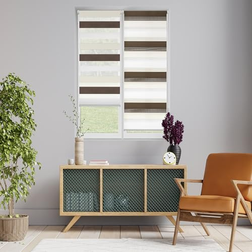 Blindecor Indus Tricolor Rollo ohne Bohren | Doppellagiges | für Nacht und Tag, Braun, Creme, Weiß | 140 x 180 cm (BxL), Braun - Cremefarben
