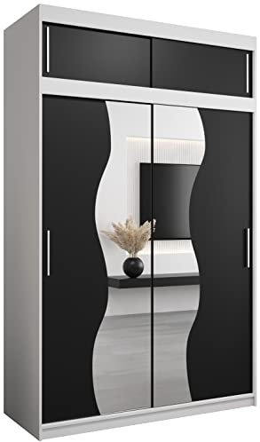 KRYSPOL Schwebetürenschrank Madryt 150 cm mit Spiegel Kleiderschrank mit Kleiderstange und Einlegeboden Schlafzimmer- Wohnzimmerschrank Schiebetüren Modern Design (Weiß + Schwarz mit Erweiterung)