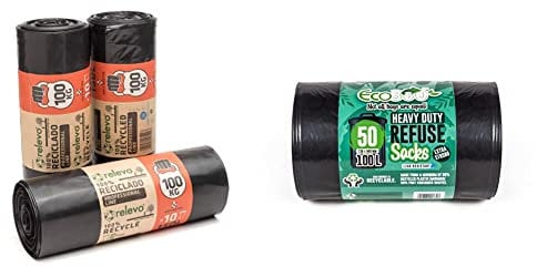 Relevo 150L Heavy Duty Bin Bags, Durable Bin Liners with A 100kg Weight Resistance, 100% Recycled, Water Resistant Rubble Sacks & Eco Bag 50 Heavy Duty Refuse Sacks, Black, 1x