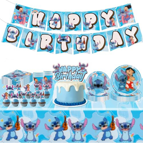 82PCS Party Tableware Stit Birthday Decorations with Party Plates Cups and Napkins Banner Cake Topper, Party Decorations Party Supplies for Kids Boys Girls, 10 Guests(blue)