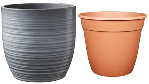 Set - SK Soendgen Keramikübertopf Bergamo ø13 cm, hellgrau glänzend + Pflanztopf ø12, hochwertiges Wohnambiente