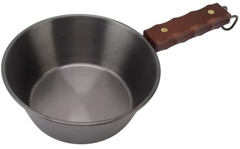 304 Stainless Steel Camping Skillet, Large 2000ML Capacity Ideal for 3 People. Comfortable Wood Handle, Portable Wood Handle Skillet, Suitable Outdoor Camping and Home Kitchen