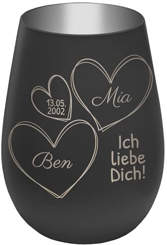 Windlicht mit Gravur ''In Liebe vereint'' - Schwarz/Silber - Glas Teelichthalter personalisierbar mit Wunschtext - Geschenk zu Valentinstag Hochzeit Verlobung Jahrestag