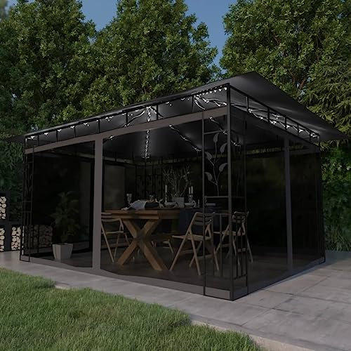 Hommdiy Pavillon mit Moskitonetz und LED Lichterketten Gartenzelt Partyzelt Festzelt Gartenpavillon Bierzelt Garten Zelt Outdoor 4 x 3 x 2,73 m,Anthrazit