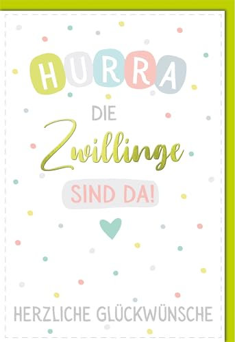 Verlag Dominique Geburtstagskarten Glückwunschkarten Geburtstag Hurra die Zwillinge sind da Herzliche Glückwünsche bunte Punkte pastellfarbenes Design grünes Herz mit Umschlag