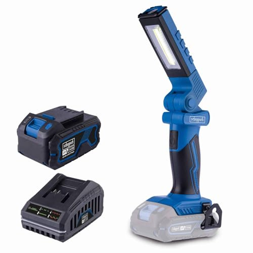 Scheppach Akku Arbeitsleuchte C-WL20-X | LED-Leistung 5W | Lichtstrom 300lm | Leuchtdauer 2Ah / 4Ah - 8h / 16h | Farbtemperatur 6200K | 20V-IXES-Serie | 10 Jahre Garantie | mit 4Ah Akku & Ladegerät