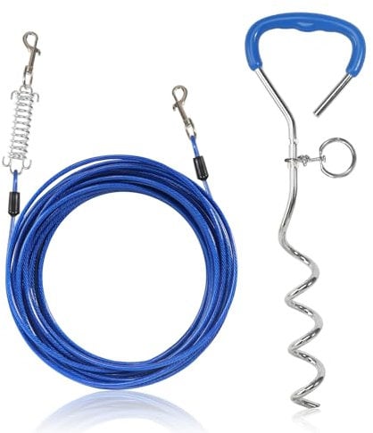 Dog Tie Out Cable and Stake, 10M/32.8FT Heavy Duty Dog Tie Out Cable with Spiral Ground Stake, Puppy Dog Lead Dog Tether Dog Stake for Outdoor Yard Camping Blue
