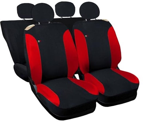 Auto Accessori Lupex Autositzbezüge kompatibel mit Cinquecento 500, hergestellt in Italien, Polyester-Baumwollgewebe, Set vorne und hinten (Schwarz – Rot mit voller Rückenlehne)