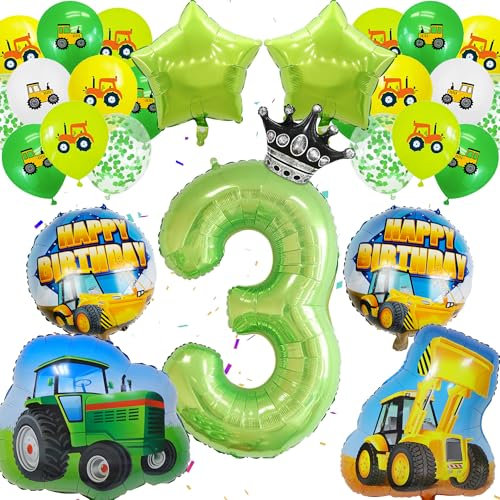 Traktor 3.Geburtstag Deko Junge - 23 Stück Tractor Party Deko, grüner Zahlenballon 3, Tractors Balloon, Bulldozer Folienballons, Pailletten Luftballons, Traktor Deko 3 Jahre Boy Kindergeburtstag