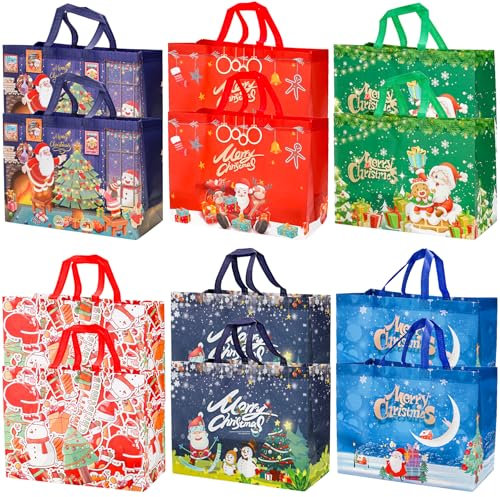 12 Stück Weihnachtstüten, Große Geschenktüten Weihnachten mit Griff, Wiederverwendbare Weihnachtsgeschenktüten, Party-Leckerli-Tüte aus Vlies, Tragetasche für Weihnachtsgeschenke (43 x 32 x 18 cm)