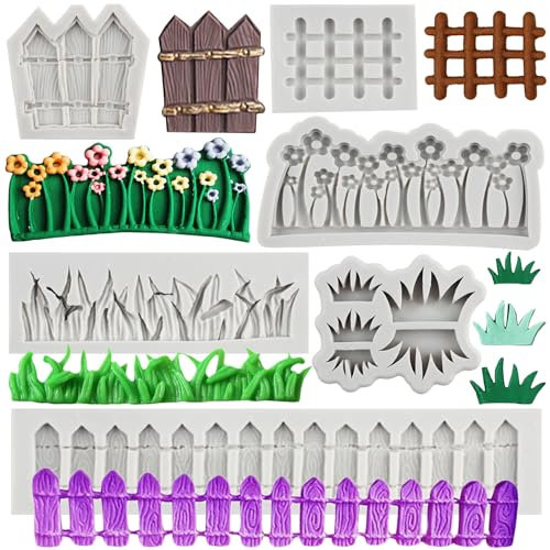 MYPRACS Garden Picket Fence Silicone Mould Green Grass Fondant Mould Flower Mould for Cake Decorating Cupcake Topper Candy Polymer Clay Chocolate Gum Paste Set of 6