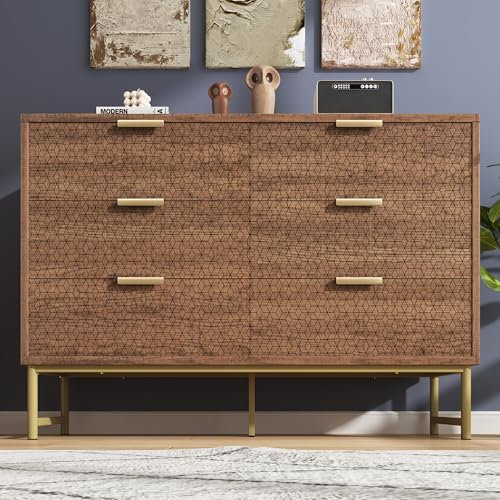 Commode avec 6 tiroirs et motif géométrique en relief, couleur noyer, armoire de rangement, multifonction, avec poignées et pieds dorés, pour couloir, chambre à coucher, salon