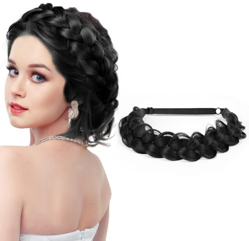 LOPHE Bandeau Cheveux Tressés, 2 Brins Cheveux Tressés Élastique Réglable pour Femme Fille(Noir)