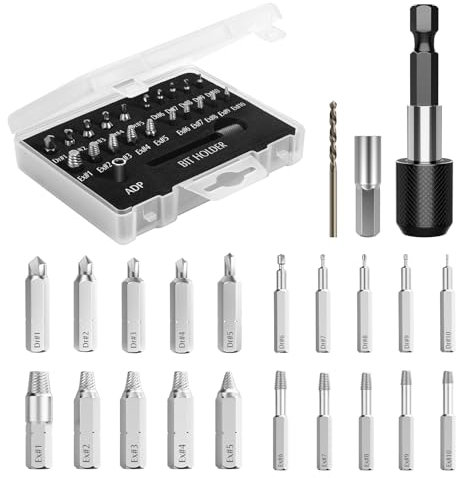 Nuovoware Kit d'Extracteur de Vis Cassé, 22PCS Outils d'Extraction Améliorés en Acier Allié HSS 4341 avec Mèches 2 Porte-embouts d'Extension Magnétique Adaptateur de Prise pour Boulon Endommagé,Argent