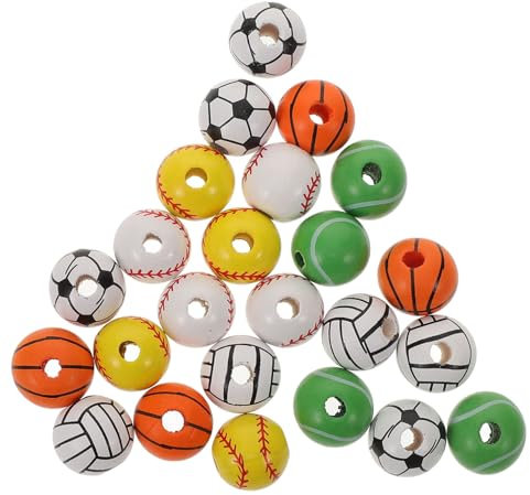 DIYEAH 30stücke Holzperlen Sports Ball Beads Mit Aufdruck Für Diy Schmuckherstellung Leichte Robuste Holzkugeln Als Perlen Charms Für Halsketten Armbänder Und Bastelbedarf