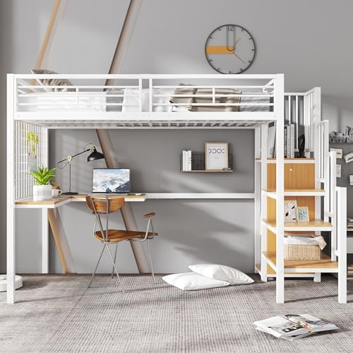 A ALFRESCOOL Eisenbett, Etagenbett, Hochbett, Geeignet für Kinder und Jugendliche, mit Tisch und Kleiderschrank, Seitenleiter mit Handlauf, Eisen+Spanplatte, Weiß+Natur, 90x200cm