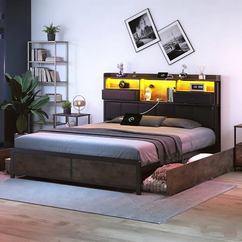 BRILVERDE Metallbett 140x200 mit LED/USB, Jugendbett mit 4 Schubladen, Doppelbett mit Stauraum Kopfteil, Bettgestell mit Lattenrost, Industriebettgestell, PU, Ohne Matratze (Schwarz, 140 x 200 cm)