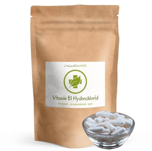 vitalundfitmit100 Vitamin B1 (Thiamin) – 180 Kapseln – Hochdosiert – Vegan – DE Herstellung
