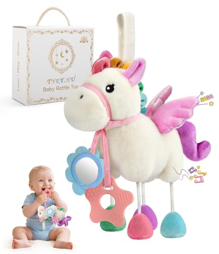 TYRY.HU Baby Spielzeug für Kinderwagen,Plüsch Pferdchen,0+ Monate | Rassel Sensory Spielzeug,Knisterfolie,Beißring & Spiegel,Aufhängen an Bett und Buggy für Babys