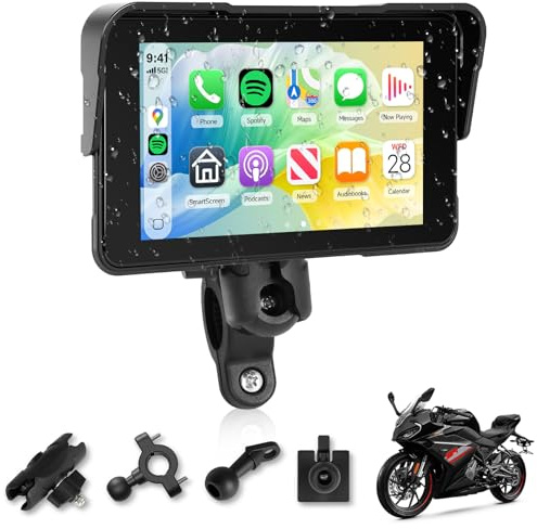 Rimoody Navegador Moto 5 Pulgadas con CarPlay y Android Auto Inalámbrico - GPS para Moto Impermeable IP68, Pantalla Táctil 5'', Montaje Universal, Detección de Presión de Neumáticos 12 V