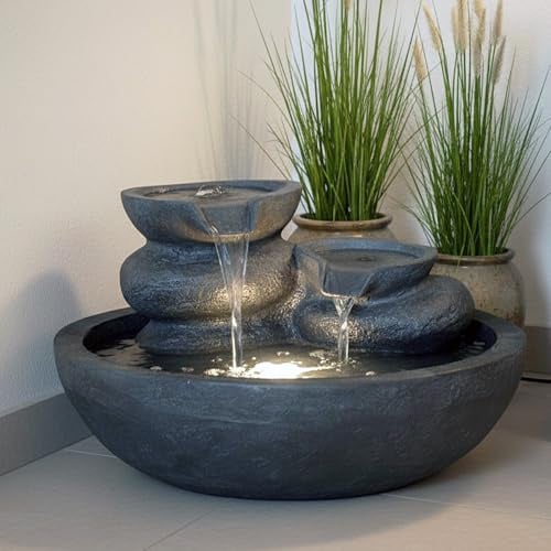 Dekorativer LED Zimmerbrunnen & Gartenbrunnen TP3005 Polyresin Wasserspiel mit warmweißem Licht für Innen & Außen Wasserfall