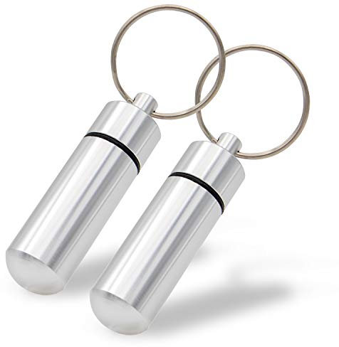 Aribari Mini Pillendose aus Aluminium mit Schlüsselring. wasserdichte Tablettenbox. Notfallkapsel. Geschenkanhänger oder Adressanhänger. Länge 5,2 cm ø 1,4 cm (Silber 2 Stück)