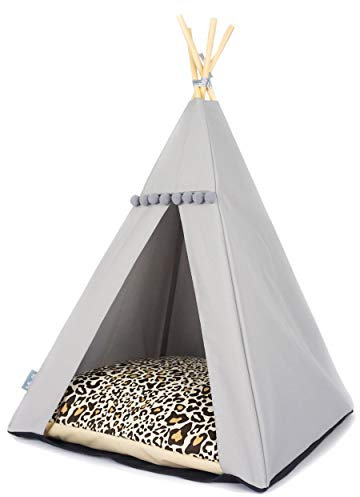 Halkalife Tipi für Katzen und Hunde mit Bommeln. Wasserdichtes Haustierzelt mit Rutschfester Basis. Hunde- und Katzenhaus. (Panther, 65x65x94cm, Graues Zelt)