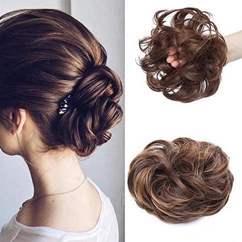 Silk-co Haarteil mit Gummiband, Dutt mit Haaren Gewellt Weich Dutt Haarteil mit Gummiband 35 g, Gelockt Haarverdickung Hair Extensions Messy Bun Hochsteckfrisuren Mittelbraun & Dunkelblond