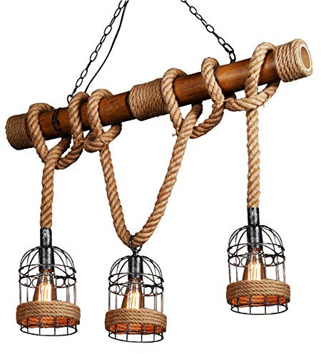 Retro Pendelleuchte Rustikal Hanfseil Eisen Leuchter Vintage Seilleuchte Seil Lichter Kronleuchter Runde Hängend Eisen Käfig Hängelampe Pendellampe Beleuchtung