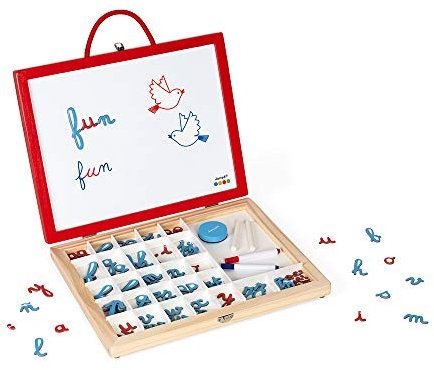 Janod - Essentiel - 4-in-1 Schreibkoffer aus Holz - Lernspiel - Buchstaben und Lesen lernen- 110 Zubehörteile im Lieferumfang enthalten - Farbe auf Wasserbasis - Ab 3 Jahren, J05073