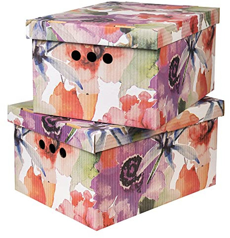 Cardboard Storage Boxes with Lid, Decorative Wardrobe, Closet, Home & Office Organiser with Handle, Flat-Packed, Stackable File Box, Gift for Adults & Kids, Set of 2, Large - Watercolor Flowers