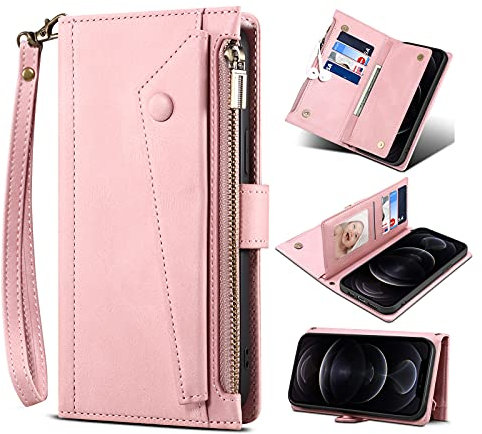 Unichthy For iPhone 13 Zipper Case RFID Blocking 8 Card Slots with Strap Shockproof Leather Flip Wallet Handbag Zip Pocket Phone Cover Stand Magnetic Folio Purse for iPhone 13 Pink