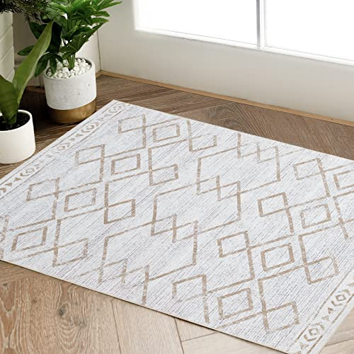 TOPICK Fußmatte 60 x 90 cm Eingangsbereich Teppich Taupe Weicher Kurzflor Teppich Innenmatte Geometrischer Druck Bodenbelag Dünn Leicht Teppich rutschfest für Badezimmer Schlafzimmer Küche Esszimmer