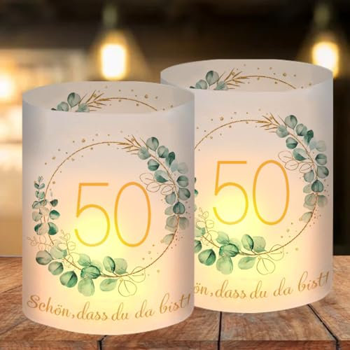 12 Windlicht Tischdeko 50 Geburtstag, Deko 50 Geburtstag Frau Mann, Happy Birthday Tischdeko 50. Geburtstag Frauen, Geeignet für Teelichter oder Kerzen mit Schön DASS Du Da Bist und Eukalyptus