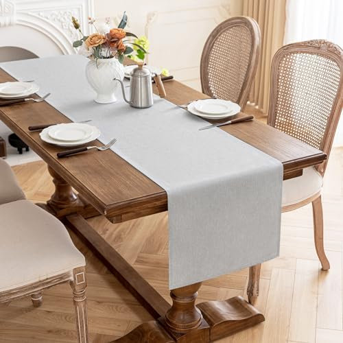 AooHome Tischläufer Hellgrau 40X180cm, Tischdeko Leinen-Optik Abwaschbar Tischband aus Polyester Wasserabweisend mit Lotuseffekt, Dauerhaft Kratzfest für Esszimmer Hochzeiten Party Weihnachten