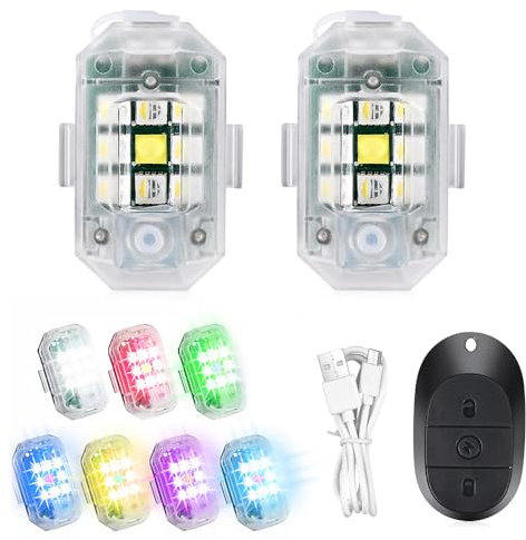 mizikuu 2 Stück Strobe Drone Light, 7 Farben Auto Fernbedienung Blitzlicht USB Aufladung Drohnen Antikollisionslichter LED Aircraft Strobe Lights Nachtflug Signallichter für RC-Auto, RC-Boot, Drohne