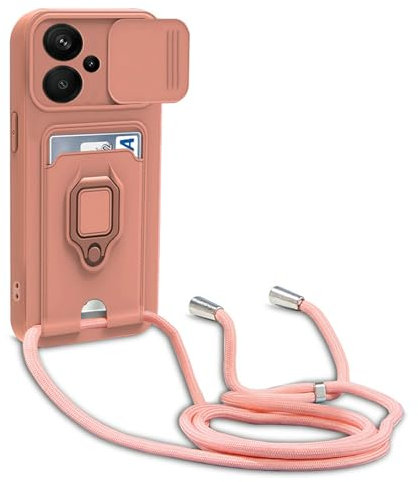 Dllatui Funda Compatible con Xiaomi Redmi Note 13 Pro Plus 5G/Pro+ 5G,Cuello Cordón Carcasa Silicona Suave,Ranura con Tarjetas,Carcasa Cubierta cámara Deslizante Proteger, Anillo Soporte (Pink)