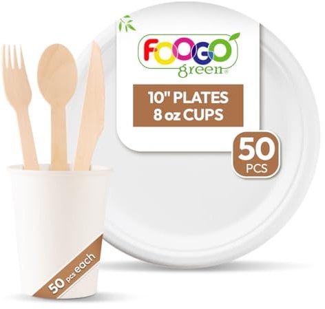 FOOGO Green 250pcs Disposable Sugarcane Fibre Strong Paper Plates, Paper Cups and Wooden Cutlery Set, FSC® Certified, 50x Large Round Plates, 50x Cups, 50x Forks, 50x Knives, 50x Spoons, Eco