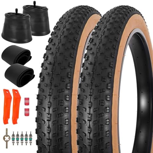 RUHUO 2Sätze 26x4.0 Fette Reifen und Schläuche, pannensichere Faltrad-Reifensätze 102-559 Kompatibel mit Mountainbike Fahrrad All-Terrain Richtungsgebundene Laufflächen Seitenwände in Hautfarbe 33TPI