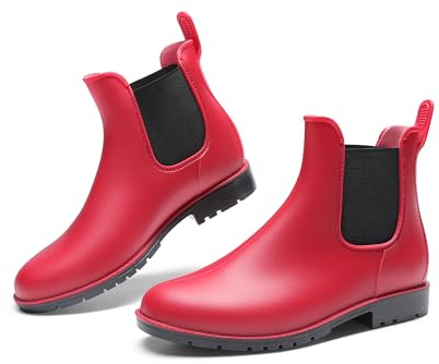 DREAM PAIRS Women's Ankle Wellies Chelsea Rain Boot,Red,6.5