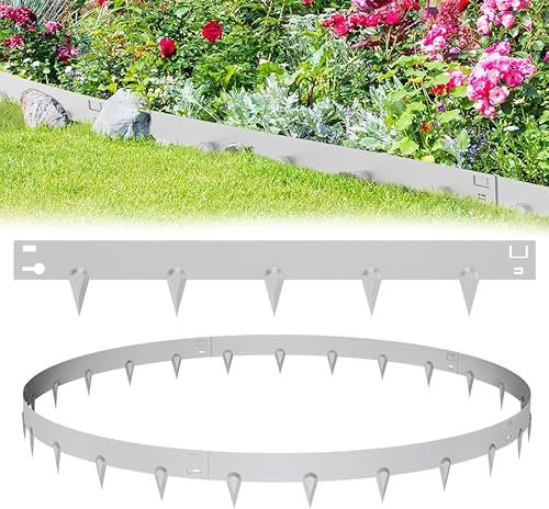 Aufun 10 Stück Rasenkante verzinkt Metall, 10.6 M Flexible Beeteinfassung Mähkant Palisade Gartenbeet mit Dornen, Beetumrandung für Hof Garten Bauernhof verwendet Werden, Silber (106cmL x 16 cmH)