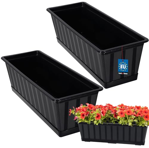 KOTARBAU® Blumenkasten für Balkon mit Untersetzer, 50x18x14 cm, 2er Set | Balkonkästen, Blumenkasten für Fensterbank außen, Balkon Pflanzkasten rechteckig, Balkonkasten aus Kunststoff, Anthrazit