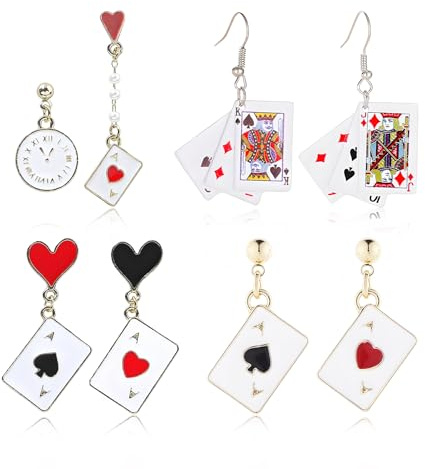 4 Paar Ohrringe Karneval Damen Set - Spielkarten Kostüm Zubehör Herz Ass Pik - Hängende Ohrstecker für Casino Kostüm Party Fasching Accessoires