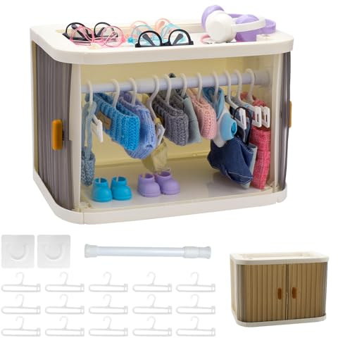 WALLFID Armoire Pliable pour vêtements de poupées avec 15 cintres de poupées, boîte de Rangement Anti-poussière pour Mini poupées 10–17 cm, Organiseur Portable pour Voyage, Rangement et décoration