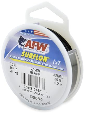 American Fishing Wire Surflon, Nylon Coated 1x7 Stainless Steel Leader Wire, 90 lb Test, .036 Diameter, Black, 30 ft