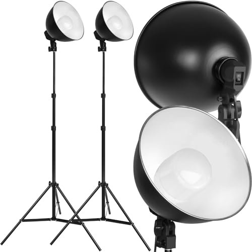 TecTake® Set di Lampade da Studio Fotografico, 2 Stativi con Paralume e Portalampade, Luci Studio Fotografico - Nero