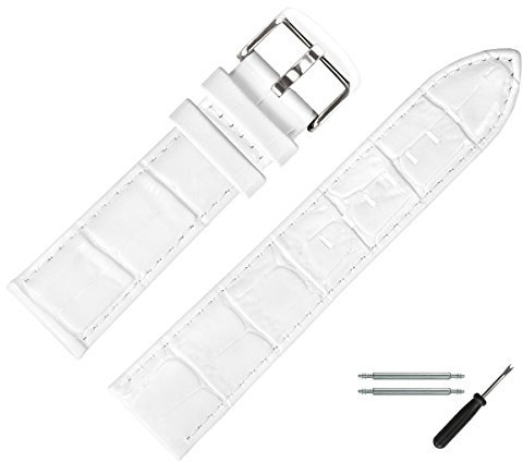 MARBURGER Uhrenarmband 22mm Leder Weiss Silber Alligator Prägung Mit Naht - Montage Set 7892220000120