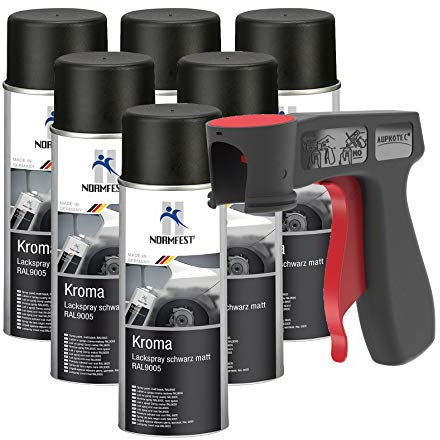 AUPROTEC Pistolengriff + Normfest Lackspray Autolack Schwarz Matt Kroma Sprühlack Farb Spray 6x 400ml